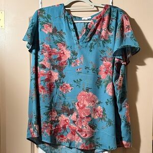 Maurices Floral V-Neck Blouse - Teal and Coral